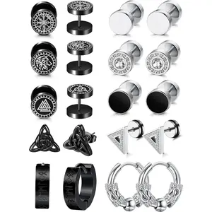 FLORIDECO Men's 10-Pair Tarnish-Free Stainless Steel Viking-Inspired Earring Sets - Studs, Hinged Clicker Hoops, Black Daily Jewelry, Hoop Earring Stack