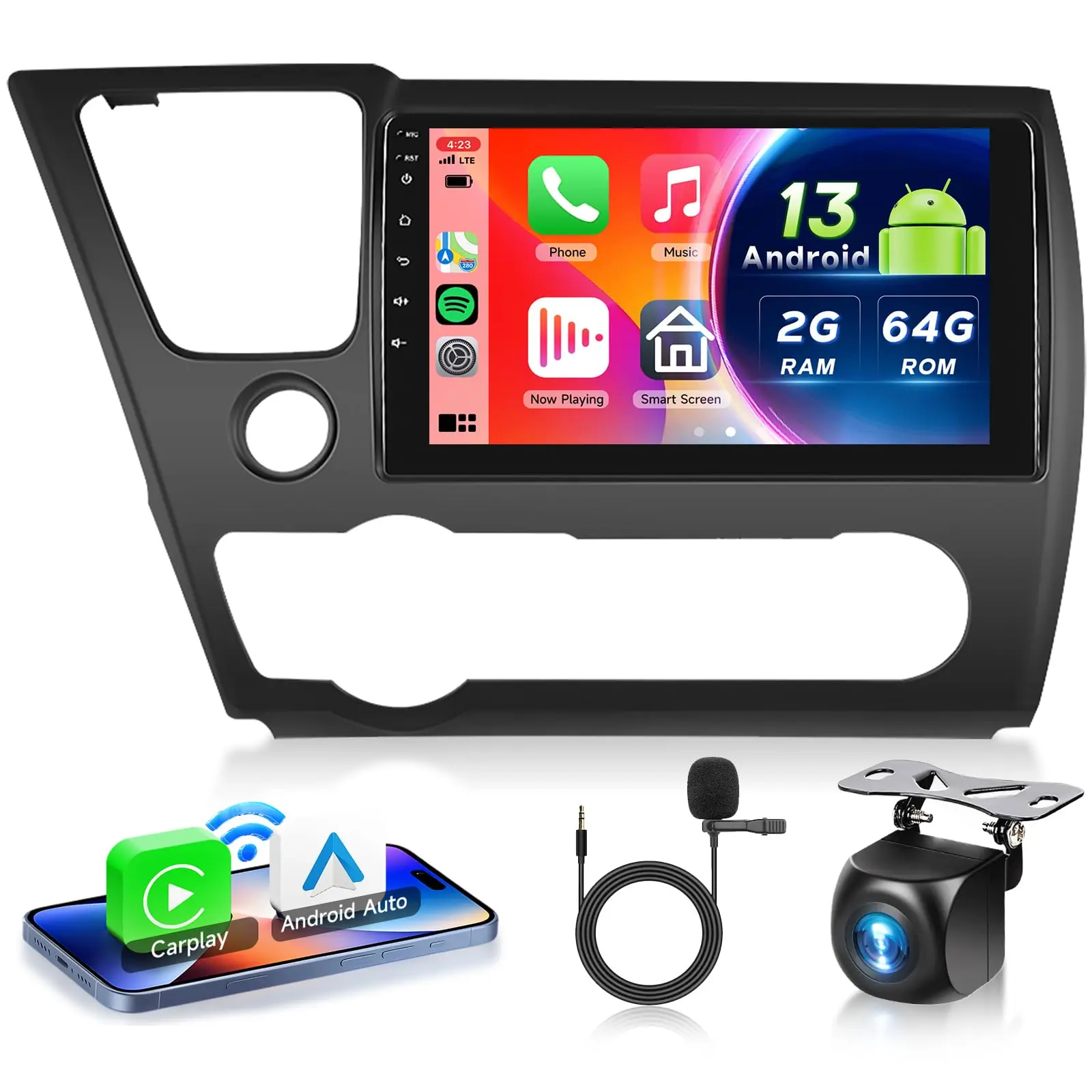 2G+64G Car Stereo for Honda Civic 2013-2017 Android 15 with Wireless Carplay Android Auto, 9 Inch Touch Screen Car Radio Support GPS/WiFi/Bluetooth/FM/SWC/Backup Camera