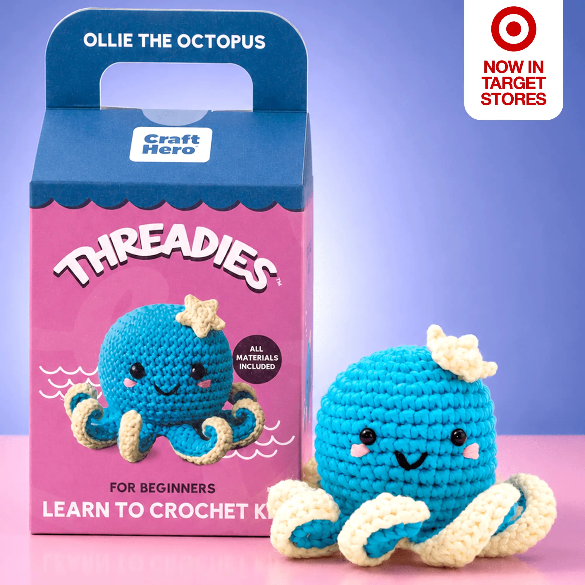 Craft Hero Threadies Ollie the Octopus Beginner Crochet Kit – Learn to Crochet Amigurumi Kit with Step-by-Step Video Tutorials, Yarn, Hook & Stuffing Included – DIY Craft Kit for Adults & Teens