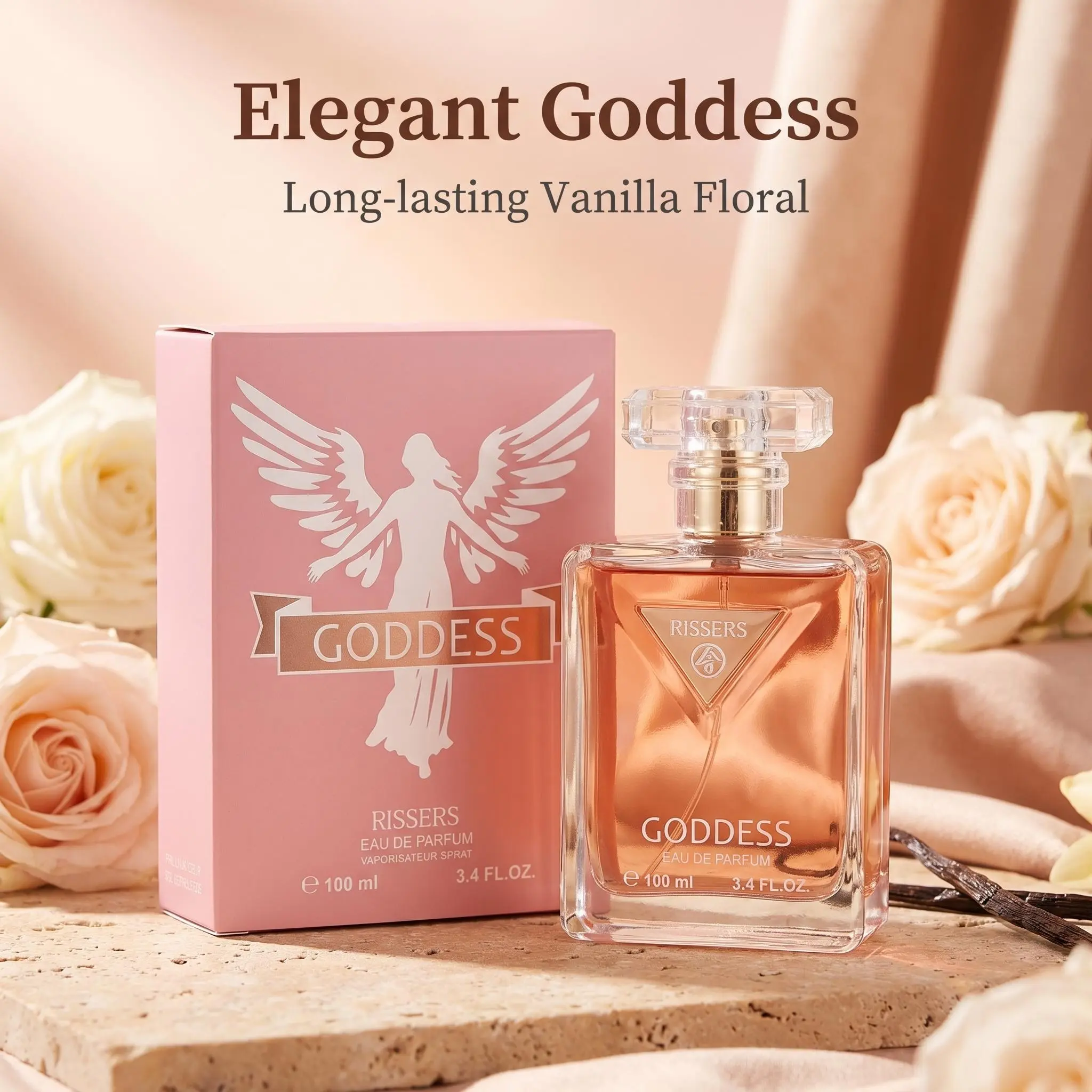 RISSERS Goddess Eau de Parfum for Women, Jasmine Orange Ginger Salty Vanilla Sandalwood Cashmere Long Lasting womens fragrance pop eau white floral note elegant paper box long-lasting woman scent Floral Woody Perfume, 100ml Large Fragrance Gift for Her