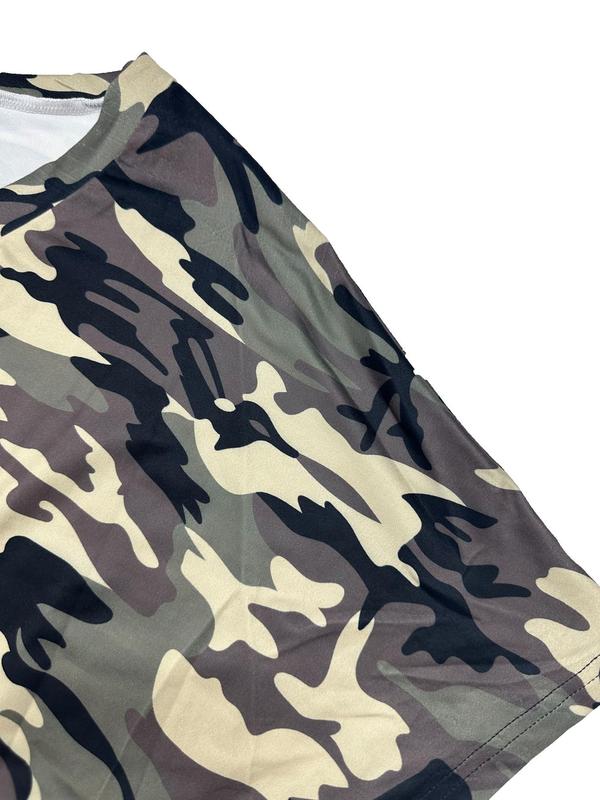 Plus Size Camo Print Pocket Tee Dress, Casual V Neck Batwing Sleeve Short Dress for Summer, Women's Plus Clothing for Daily Wear