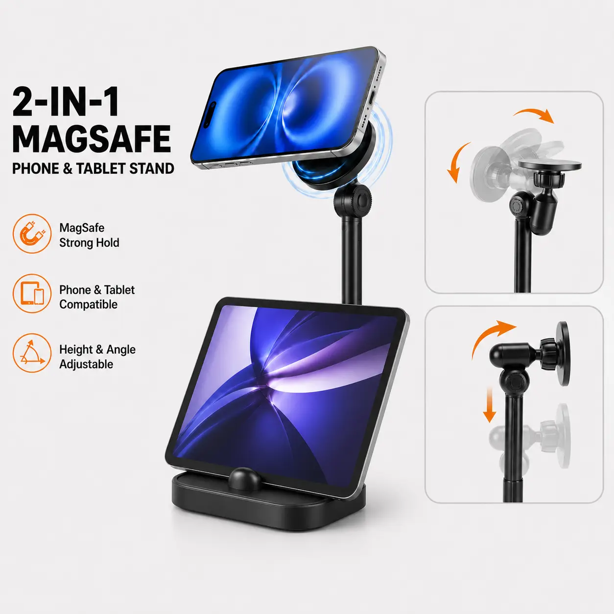 2-in-1 MagSafe Magnetic Smartphone Holder - Height Adjustable Metal Desk Stand, Dual Phone & Tablet Mount with Space-Saving Stable Base, Adjustable Phone Holders & Mounts for Electronics