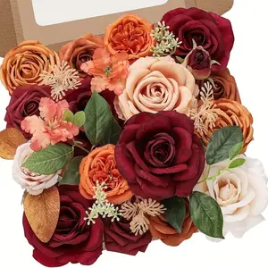 Orange artificial flower combination box set with rose leaves and stems for DIY wedding bouquets. Center piece for shower party. Home decoration item for Valentine's Day, autumn, Mother's Day. The best gift for your girlfriend or wife.