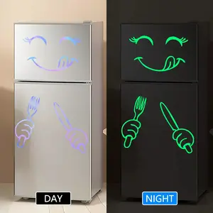 Fluorescent Neon Anime Happy Face Refrigerator Magnet, Square Vinyl Sticker for Kitchen Bedroom Living Room Decor, Easy Peel & Stick Design, Artistic