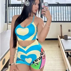 New The Powerpuff Girls Blossom Bubbles anime peripheral cartoon love print girls summer fitness yoga high-looking set birthday