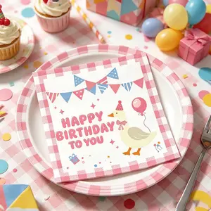 20 Pcs Rose Theme Cute Duck Party Napkins, Double Layer Cocktail Napkin Cloth, Ribbon and Balloon Included, Baby Birthday Garden Tea Party