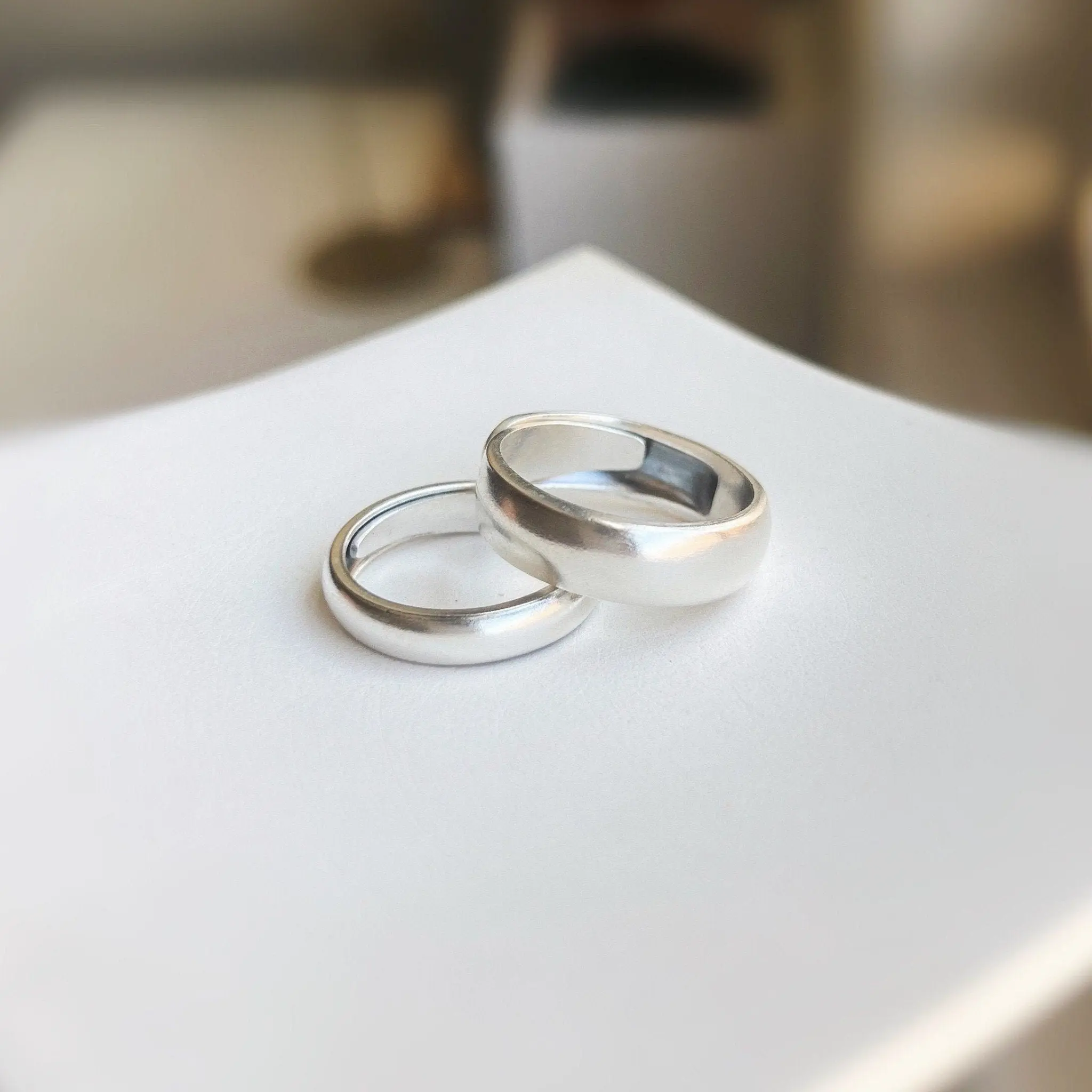 Minimalist S999 Silver Band Couple Ring, Adjustable Plain Wedding Band
