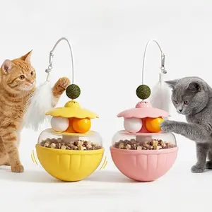 1pc Interactive Smart Cat Wobble Feeder & Play Station, Treat Dispensing Tumbler Toy with Catnip Ball, Natural Feather & Rotating Balls, Relieve Boredom Mental Stimulation Toy for Indoor Cats