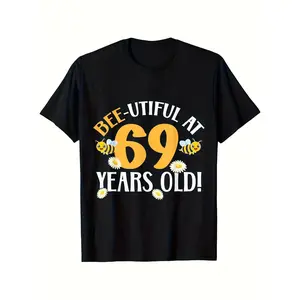 [100% Cotton] 100% CottonMen'S & Women'S 69Th Birthday Bee T-Shirt - Funny 69 Years Old Party Outfit With Bee & Honeycomb Number 69 Design, 100% Cotton 180 GSM (2025 Summer 220GSM) Loose Fit Casual Round Neck Tee For 69Th Birthday / Gift