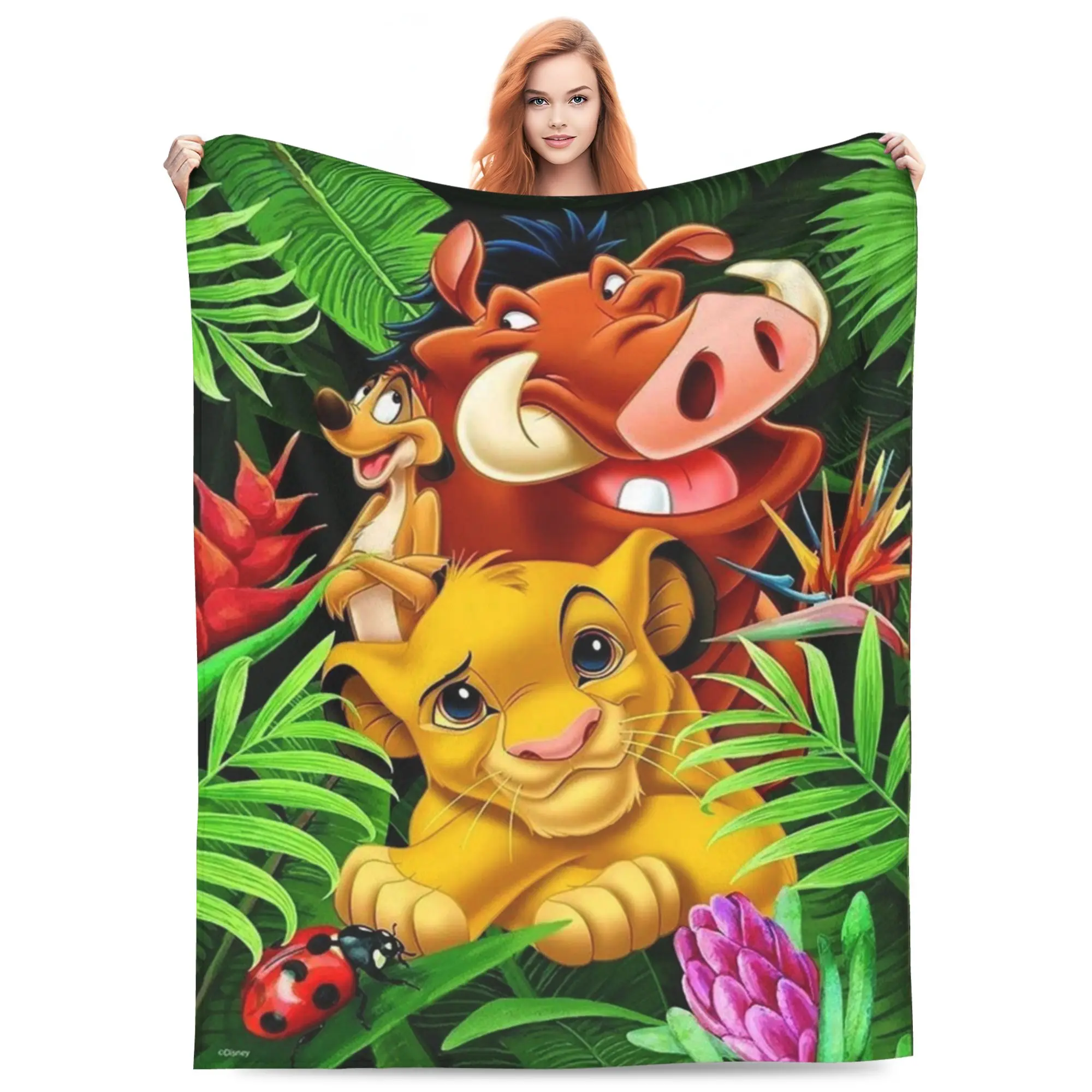Cartoon Lion King Jungle Print Fleece Throw Blanket, Cute Simba Timon Pumbaa Tropical Leaves Pattern Soft Lightweight Plush Blanket, Cozy Warm Flannel Blanket for Sofa Bed Couch Camping, Ideal Gift for Kids Boys Movie Fans