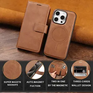 Magnetic Detachable Leather Cellphone Casing - Stylish Handheld Tech Accessory, Shockproof Protector, Card Slots, Wireless Charging Compatible, Full Anti-Drop Protection for iPhone 16 Pro Max, 15 Pro, 15, 13 Devices, Wallet Accessories