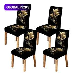 4/5/6/7pcs Golden Floral Swirls Dining Chair Slipcover And Tablecloth Set, Easy to Install & Wash, Removable Washable Slipcovers, Fits Living Room, Home Decor, Restaurant Decor, Party Must-Have