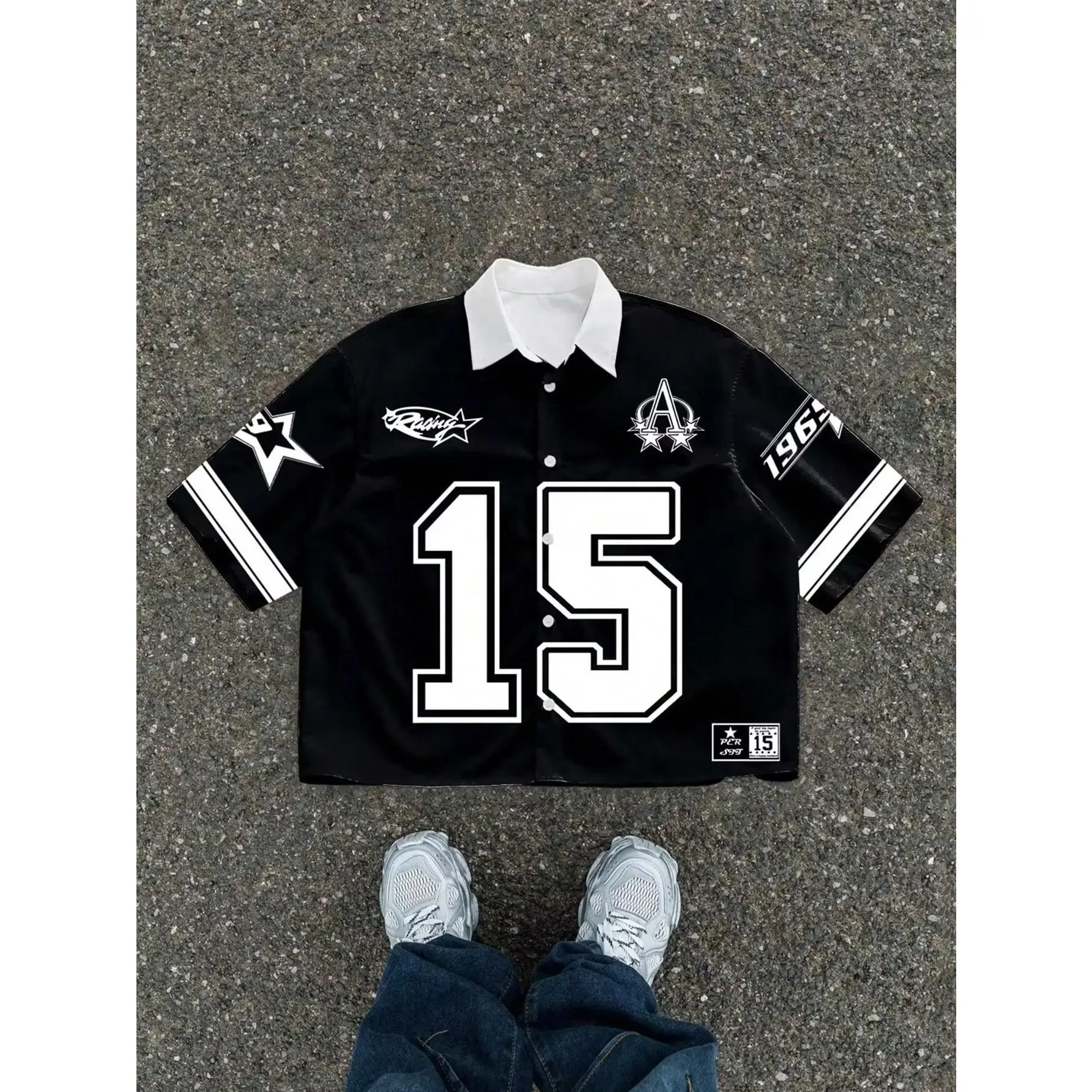 Men's Retro Button-Down Collared Casual Jersey - Short-Sleeve Polyester Blend Graphic Shirt, Number Print, Streetwear Sporty Style, Graphic Shirts,back to school,back to school shopping, Collared Neck
