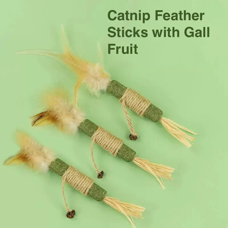 Lovely Caves Premium Catnip Feather Sticks, Cat Chew Toy with Gall Fruit, Silvervine Cat Chew Toys Teeth Cleaning, Matatabi Cat Treat, Edible Kitty Toys