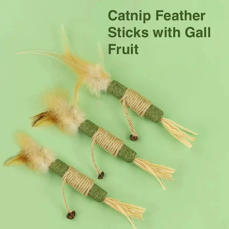 Lovely Caves Premium Catnip Feather Sticks, Cat Chew Toy with Gall Fruit, Silvervine Cat Chew Toys Teeth Cleaning, Matatabi Cat Treat, Edible Kitty To