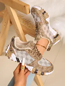 Women's Thick Sole Dad Shoes, Rhinestone Mesh Breathable Unique Design, Hand-Embedded Rhinestones Fashion Lightweight Luxury Casual Women's Shoes Trainer