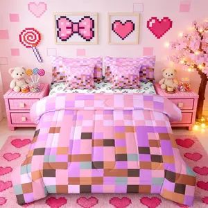 Pixel Grid Theme Bedding Set,7 Pieces,Video Gaming Blocks Comforter Set with Sheets for Kids Teens Bedroom Decor,Geometric Colorful Plaid Lattice Pink Purple Bed Set,in a Bag with Pillow Covers