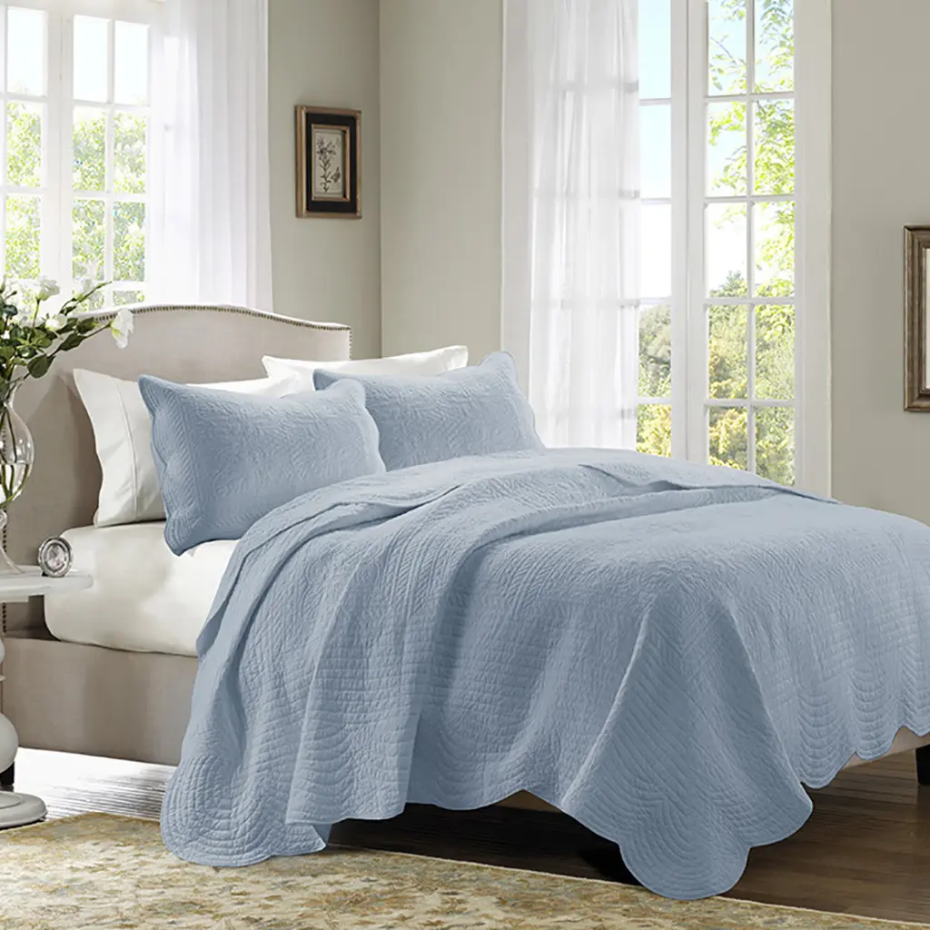 Madison Park MP13-8246 King & California King 3-Piece Classic Style Country Cottage Cozy Extra Large Fabric Tuscany Reversible Scalloped Edge Quilt Set, 108x96x0.25in, Blue, Classic Style Quilts, Country Cottage Quilts