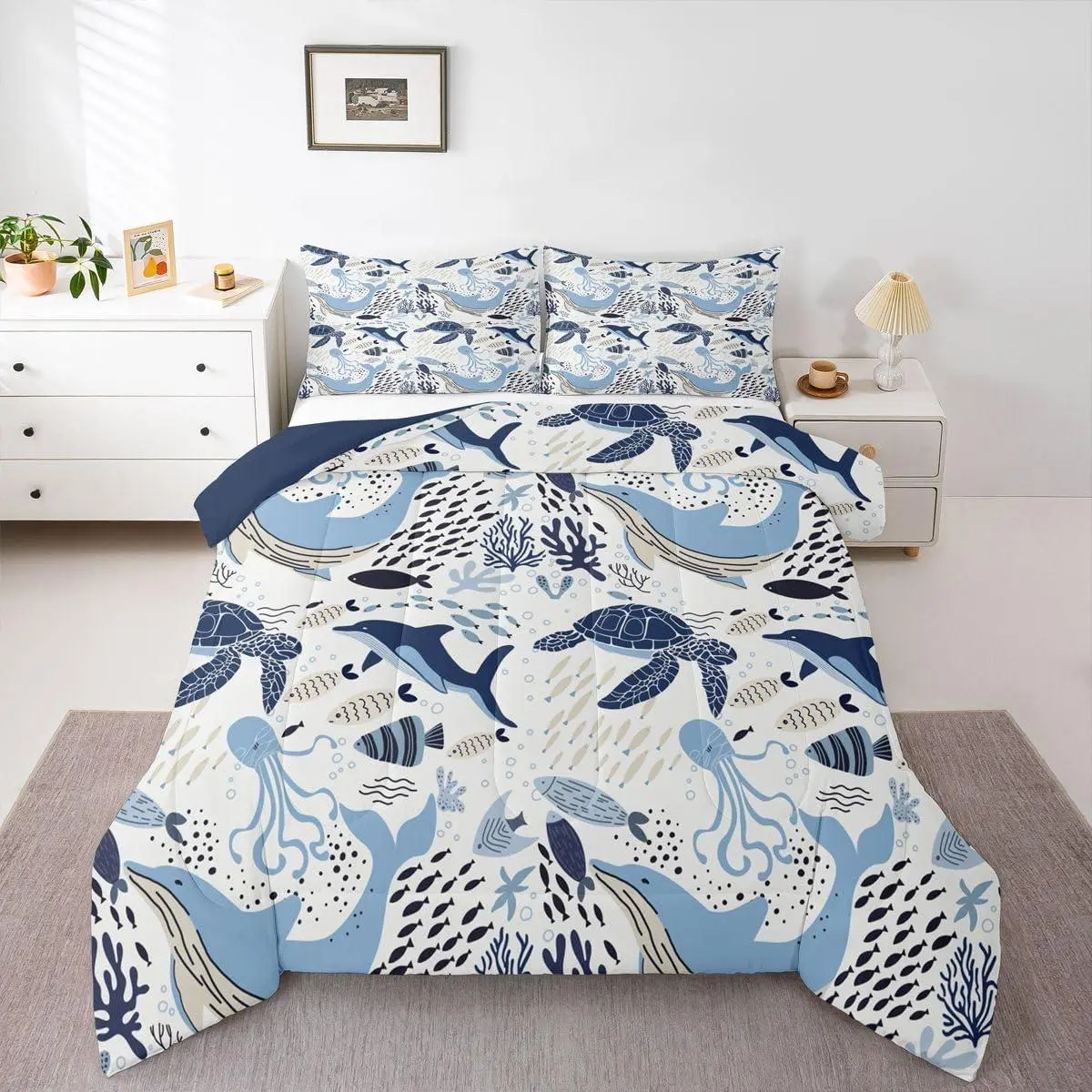 Turtle Bedding Sets White Blue Whale Decor Comforter Set,Ocean Theme Bedding Octopus Dolphin Marine Animal Duvet Set Underwater Quilts