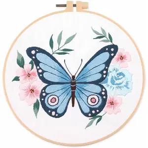 Embroidery Kit with Blue Butterfly and Beautiful  Patterns, Full Set DIY Embroidery   Kits for Adults Beginners Needlework Sewing (Butterfly)