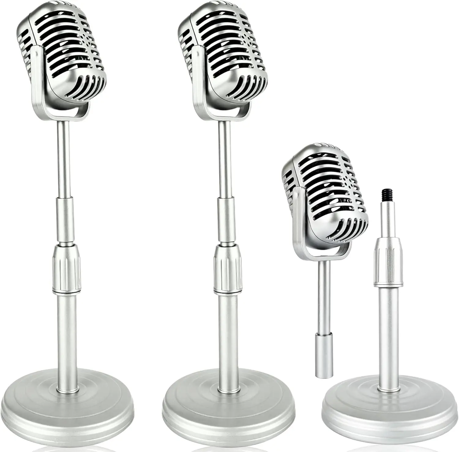 2 Pcs Vintage Microphone Prop Liftable Retro Microphone Prop Model Fake with Stand Plastic Classic Antique Mic Toy for Role Play Party Costume Stage Table Decorations Old Fashioned (Silver)