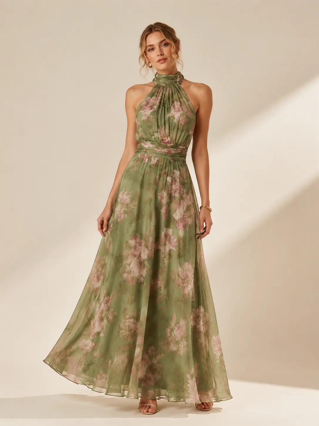 2026 Summer Elegant Halter Neck Sleeveless Floral Print Maxi Dress For Women,High Waist Slim Fit A-Line Long Flowy Dress,Polyester Casual Vacation Party Formal Work Dress Available In S-3XL Multiple Floral Colors