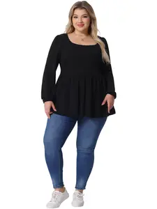 Agnes Orinda Women's Plus Size Blouses Scoop Neck Long Sleeve Ruffle Hem Peplum Knit Tops