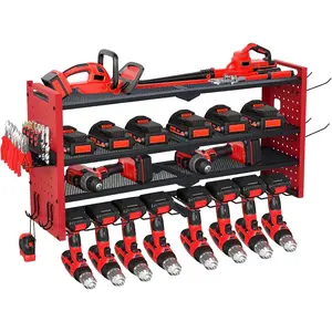 4-Layer Heavy Duty Power Tool Organizer Wall Mount, 400 lb Capacity Garage Rack with 8 Drill Slots & Hooks, Metal Tool Storage Shelf