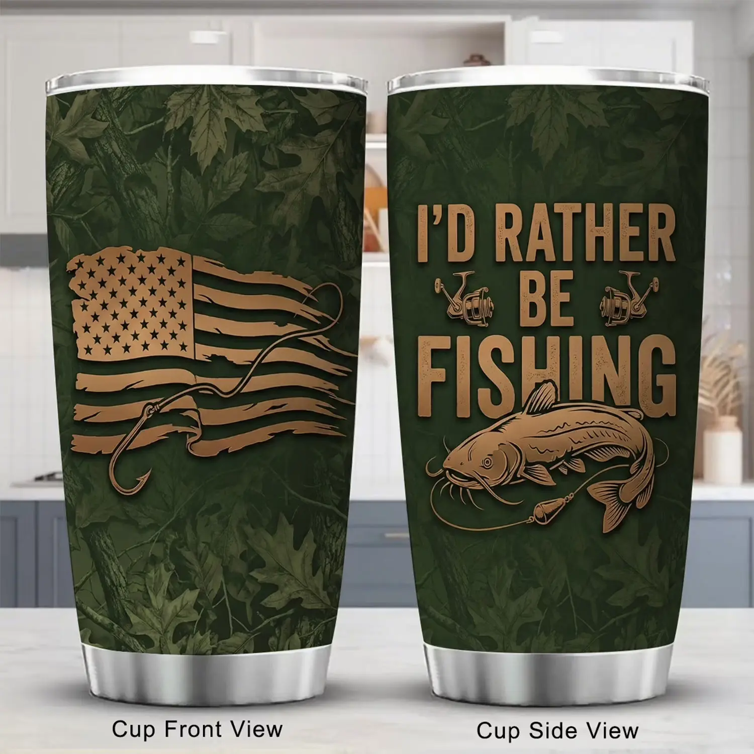 Catfish Fishing American Flag 20oz Skinny Tumbler | I'd Rather Be Fishing Stainless Steel Travel Mug | Vacuum Insulated Gift for Fishermen, Dad