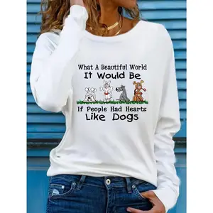 Women's Casual Long Sleeve Crew Neck T-Shirt - Dog Lover Graphic & Letter Print Top, Machine Washable Spring/Fall Pet-Themed Apparel for Casual Attire, Dog Tshirt, Autumn Apparel, Playful Design, Comfortable Fit, Fall Clothing, Durable Construction, Print