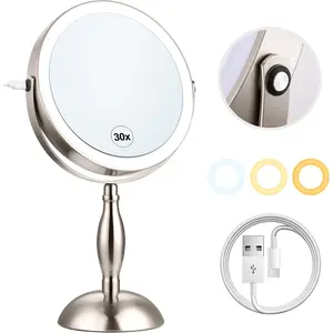 Makeup Mirror with Light, 30x Magnifying Mirror with 3 Lights Colors, 5000mAh  Mirror Brushed Nickel - 360? Rotation, Brightness Adjustable Magnification, Modern Style Side  + Side Charge