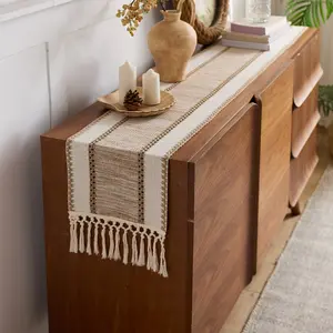 DRAGUE Boho Table Runner with Tassels, Beige Brown Farmhouse Woven Table Runner, Rustic Macrame Dining Table Decor for Kitchen, Coffee Table, Dresser, Console, Entryway, Bohemian Home Decor