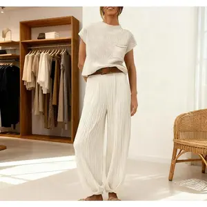 Two-Piece Women's Outfit Knitted Sweater Vest Crop Top & Pants Loungewear Matching Tracksuit Cozy Sweatsuit Travel Clothing Set Bold Urban Fashion yellow preslee nelson rave girls outfits Womenswear Gamis winnie the pooh lace flare pants