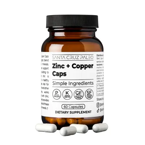 Santa Cruz Paleo Zinc + Copper Caps - 60 Servings - Supports Skin, Hormone, Hair, and Immune System Health - Daily Supplement for Men and Women with Zinc L-Methionine, Copper Gluconate - Gentle Digestive Impact, Paleo & Keto Friendly, Sugar & Gluten Free