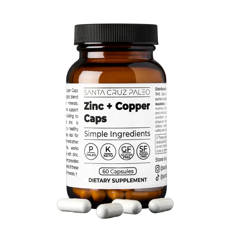Santa Cruz Paleo Zinc + Copper Caps - 60 Servings - Supports Skin, Hormone, Hair, and Immune System Health - Daily Supplement for Men and Women with Zinc L-Methionine, Copper Gluconate - Gentle Digestive Impact, Paleo & Keto Friendly, Sugar & Gluten Free