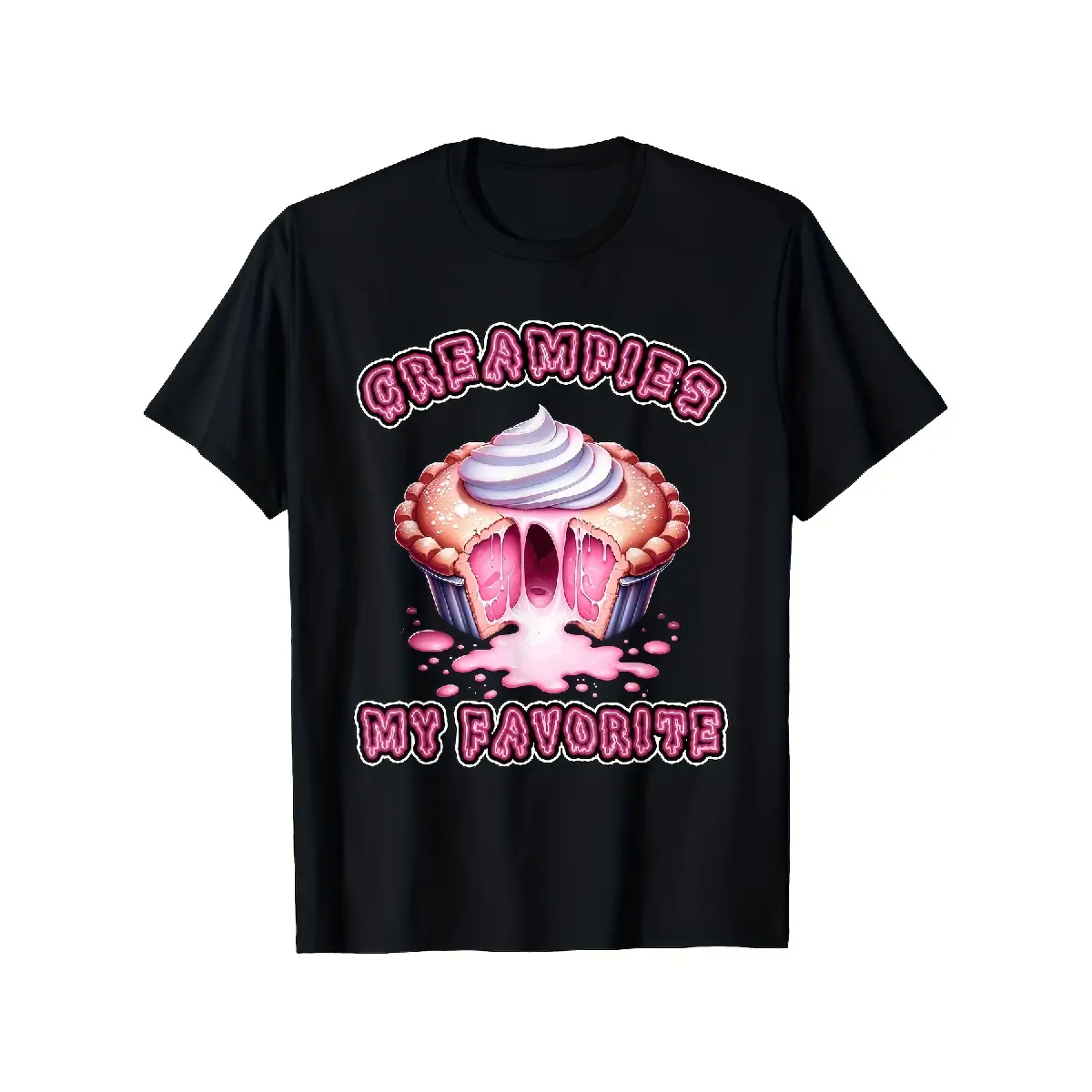 Men's S & S Oversized Streetwear Short-Sleeve Top, 100% 180Gsm Heavyweight Retro Graphic T-Shirt with Cupcake Explosion Print & Naughty Humor Joke, Loose-Fit Casual Round Neck Black Menswear, Plus Size