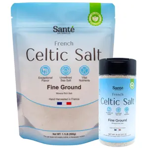 Sante Naturelle Celtic Salt Organic Fine Ground Bundle – 8oz Shaker & 1.1lb (18oz) Bag – Unrefined Organic French Mineral Sea Salt, Natural & Hand Harvested Sal Celtica