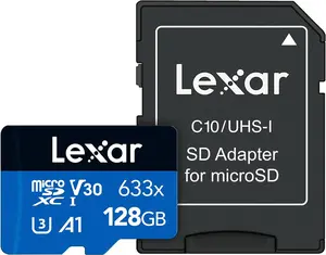Lexar High-Performance 633x 128GB microSDXC UHS-I Card with SD Adapter, C10, U3, V30, A1, Full-HD & 4K Video, Up To 100MB/s Read, for Smartphones, Tablets, and Action Cameras (LSDMI128BBNL633A)