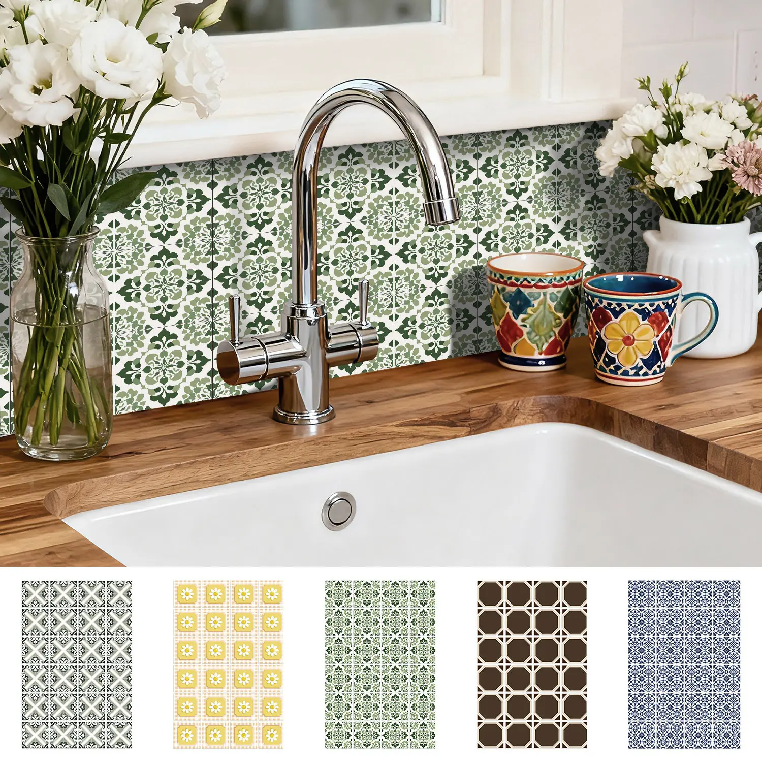 Peel and Stick Moroccan Tile Stickers 20x20cm, Waterproof Easy Clean Wall Decor, Rental Friendly No Residue, Flat Sticker Type