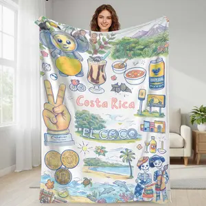 Costa Rica Tropical Adventure Flannel Blanket  Colorful Cartoon Travel Illustration Print  Soft Warm Lightweight Cozy Decorative Throw  Perfect for Bedroom Living Room Sofa Gift Holiday Beach Picnic Use