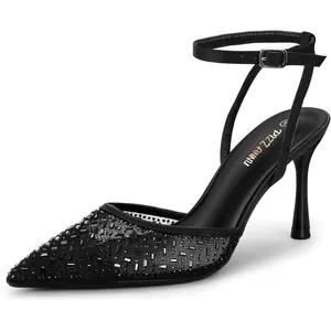 PIZZ ANNU Women's Cienna High Heels Sexy Stiletto Pumps Closed Toe Mesh Sparkly Rhinestones Ankle Strap Dress Wedding Party Pumps Shoes