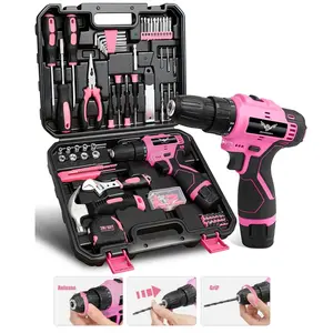 152PCS Household DIY Tool Kit with 12V Pink Cordless Drill, All Purpose Home Repair Tool Set with Hammer Wrench Pliers and Storage Case