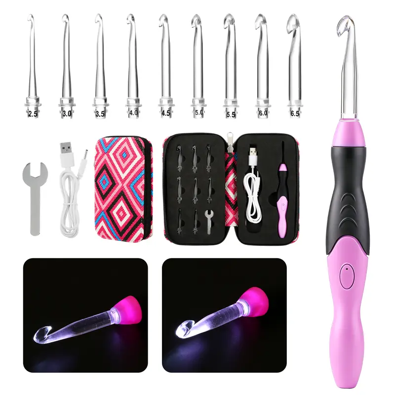 Lighted Crochet Hooks Set 9 Sizes Rechargeable Interchangeable Light Up Crochet Hooks with Ergonomic Handle for Yarn Beginners Crochet Needles Kit with Case