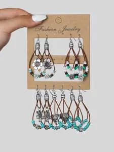 Boho Style Dual-Layer Leather Cord Set, Colorful Beads Flower Heart Pendant Necklace, Daily Wear Exquisite Jewelry Gift for Women