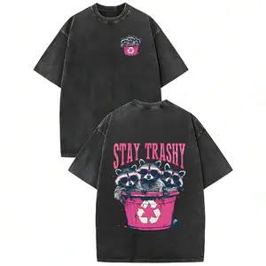 Unisex Stay Trashy Graphic Tee -  Heavyweight Washed Black Tee with Pink Raccoon & Bin Design, Relaxed Fit Crew Neck for Summer Festivals, Beach Trips & Ironic Gifts| Eco-Conscious Humor Casual Stylish Breathable Fabric