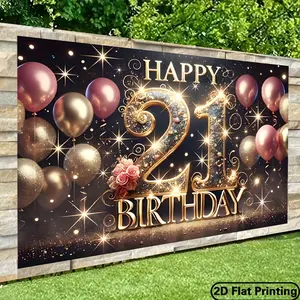 2D Flat Banner 243.84x182.88cm Glittery Golden 21st Birthday Party Backdrop - Polyester Photography Banner with Balloons & Stars, Indoor/Outdoor Decoration for Studio Props, Holiday Party Supplies, Birthday Party Decor | Elegant Party Accessory