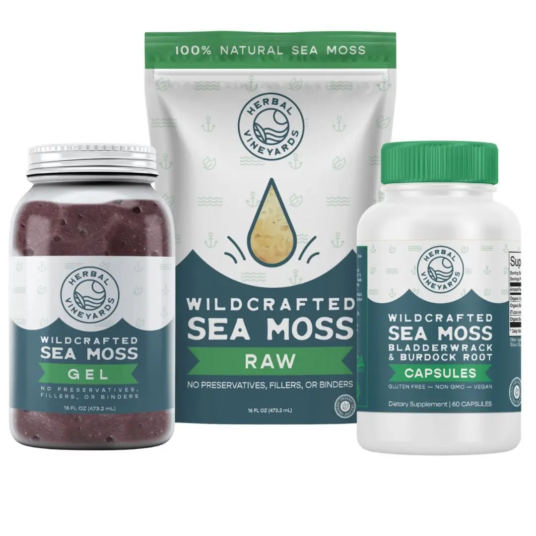 Herbal Vineyards 90-Day Raw Sea Moss Bundle - 16oz Purple Gel & Capsules, Wildcrafted Organic Non-GMO Vegan Unflavored Edible Dietary Natural Healthcare Supplement, Multiple