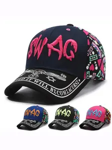 Hiphop Essential Hat with 3D Embroidered Swag and Pattern Brim, Graphic Hat, Perfect for Rap and Street Dance, Fitted Casual Style, All Seasons