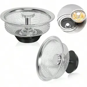 2pcs Kitchen Sink Strainer with Handle and Stopper, 3.3 Inch Stainless Steel Drain Basket, Silver Color Mesh Sifter Filter