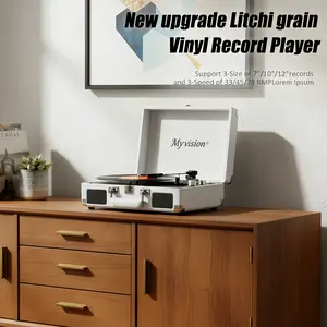 Myvision Rechargeable Vinyl Record Player Retro Litchi Grain Bluetooth RCA Output 3-Speed Suitcase Portable Turntable with Stereo Speakers Vintage Home Decor Karaoke cdplayer